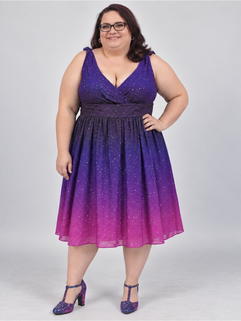 eShakti Plus Size Galaxy Star Print Fit & Flare Dress 3X / 26W